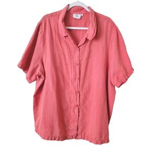 Hot Cotton Womens Coral Pink Linen Cotton Button Down Shirt Short Sleeve 3X